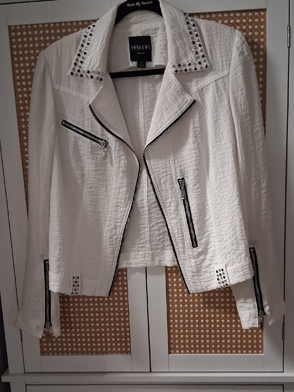 Insight White Studded Moto-Style Jacket with Black Zippers